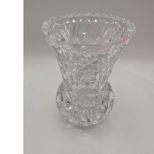 Vintage Crystal Fluted Sawtooth Rim Bud Vase 4" Geometric Pattern Round